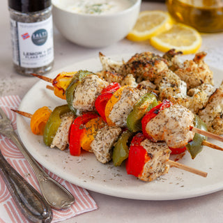 Grilled Chicken Skewers with LEMON+DILL Flaky Sea Salt