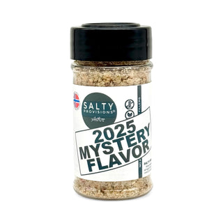 Spice jar with 'Salty Provisions' label and '2025 Mystery Flavor' text on a white background