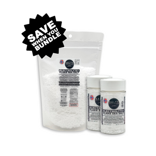 This is an image of of premium Electrolyte Flake Sea Salt Bundle - 2 shakers and a refill bag. Made for you by Salty Provisions