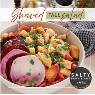 Shaved fall salad in a bowl with visible ingredients and 'Salty Provisions' branding.