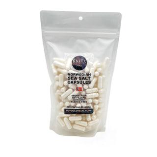 This is the front viw of the 200 pack of Norwegian Sea Salt Capsules made for you by Salty Provisions.