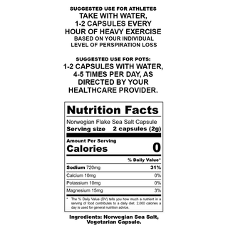 This is the product label for the Norwegian Sea Salt Capsules made for you by Salty Provisions.