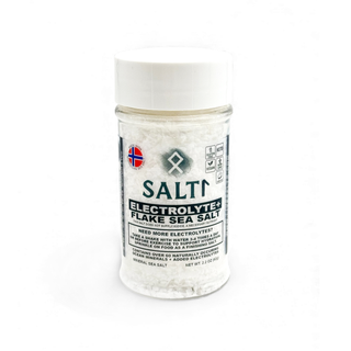 Jar of Saltr electrolyte flake sea salt on a white background