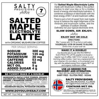 Salted Maple Electrolyte Latte with organic Mushroom Coffee nutrition Label