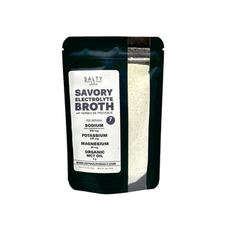Our Savory Electrolyte Broth is made with a blend of Norwegian sea salt for the sodium, plus magnesium, potassium, organic creamy MCT oil and our Herbes de Provenance blend.