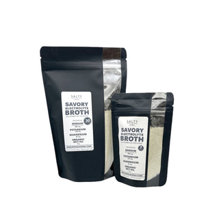 Two packages of Savory Electrolyte Broth by Salty Provisions, one larger and one smaller, with labels detailing the ingredients and benefits.
