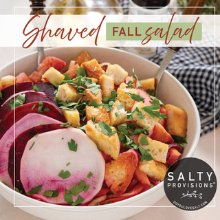 Shaved fall salad with beets, croutons, and greens in a bowl, branded with Salty Provisions.