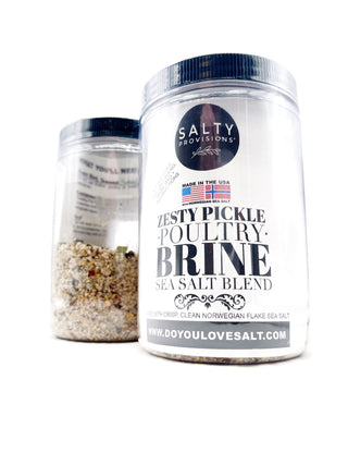 Two jars of Salty Provisions Zesty Pickle Poultry Brine with labels indicating it's made with Norwegian flake sea salt.