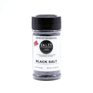 A bottle of our Norwegian Black Flake Sea Salt. Made for you by Salty Provisions.