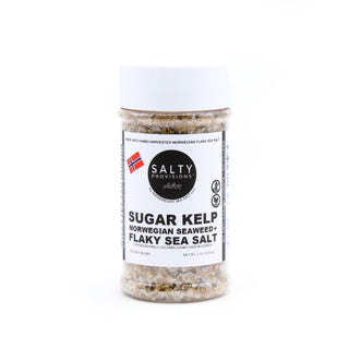 A bottle of Salty Provisions Sugar Kelp Norwegian Seaweed and Flaky Sea Salt.
