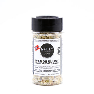WANDERLUST FLAKE SEA SALT BLEND made with Norwegian Flake Sea Salt, Garlic, Onion, Herbes de Provence and Black Pepper. Brought to you by Salty Provisions.